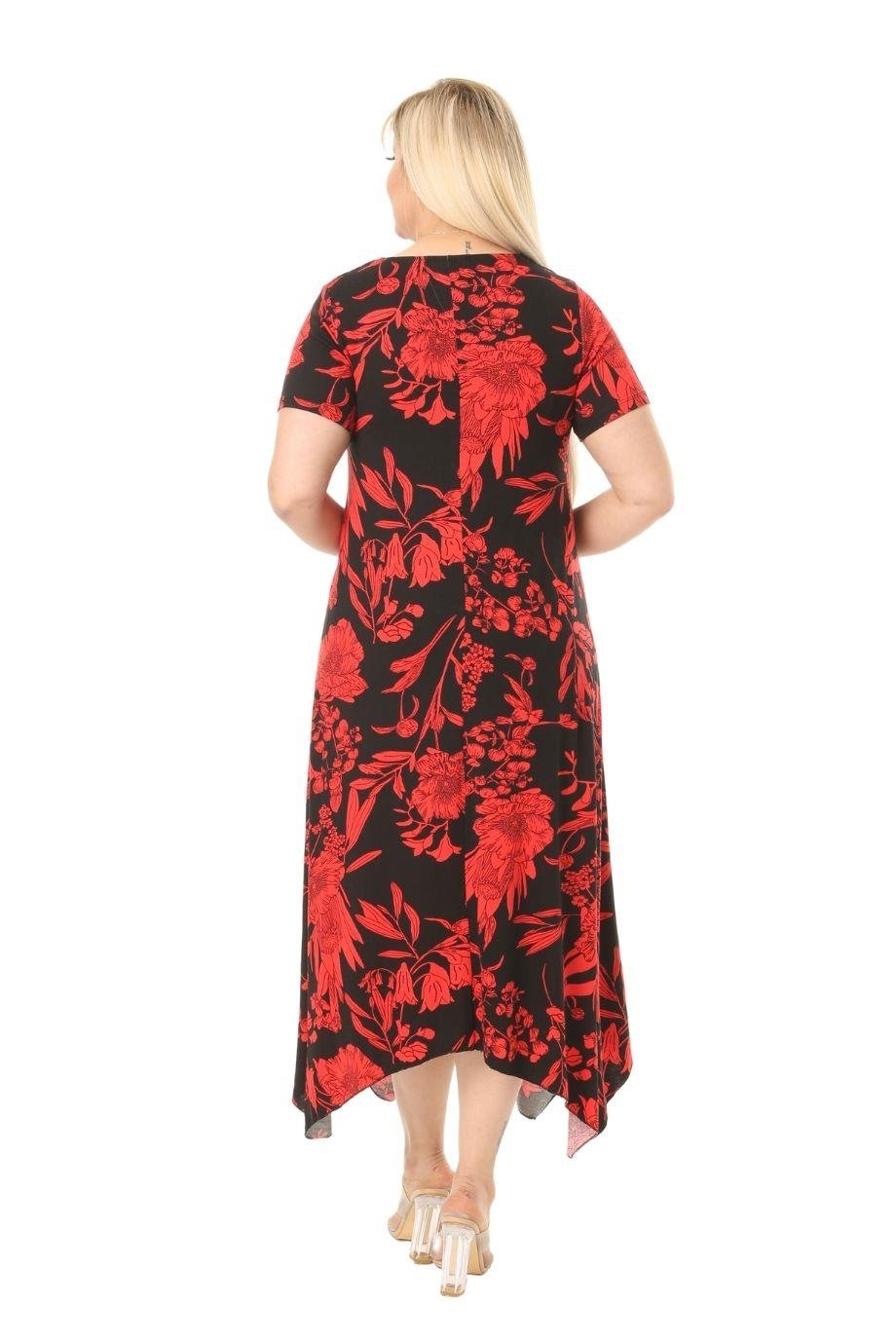 Melsay Butik Kırmızı Palmiye Desen Asimetrik Kısa Kollu Uzun Elbise