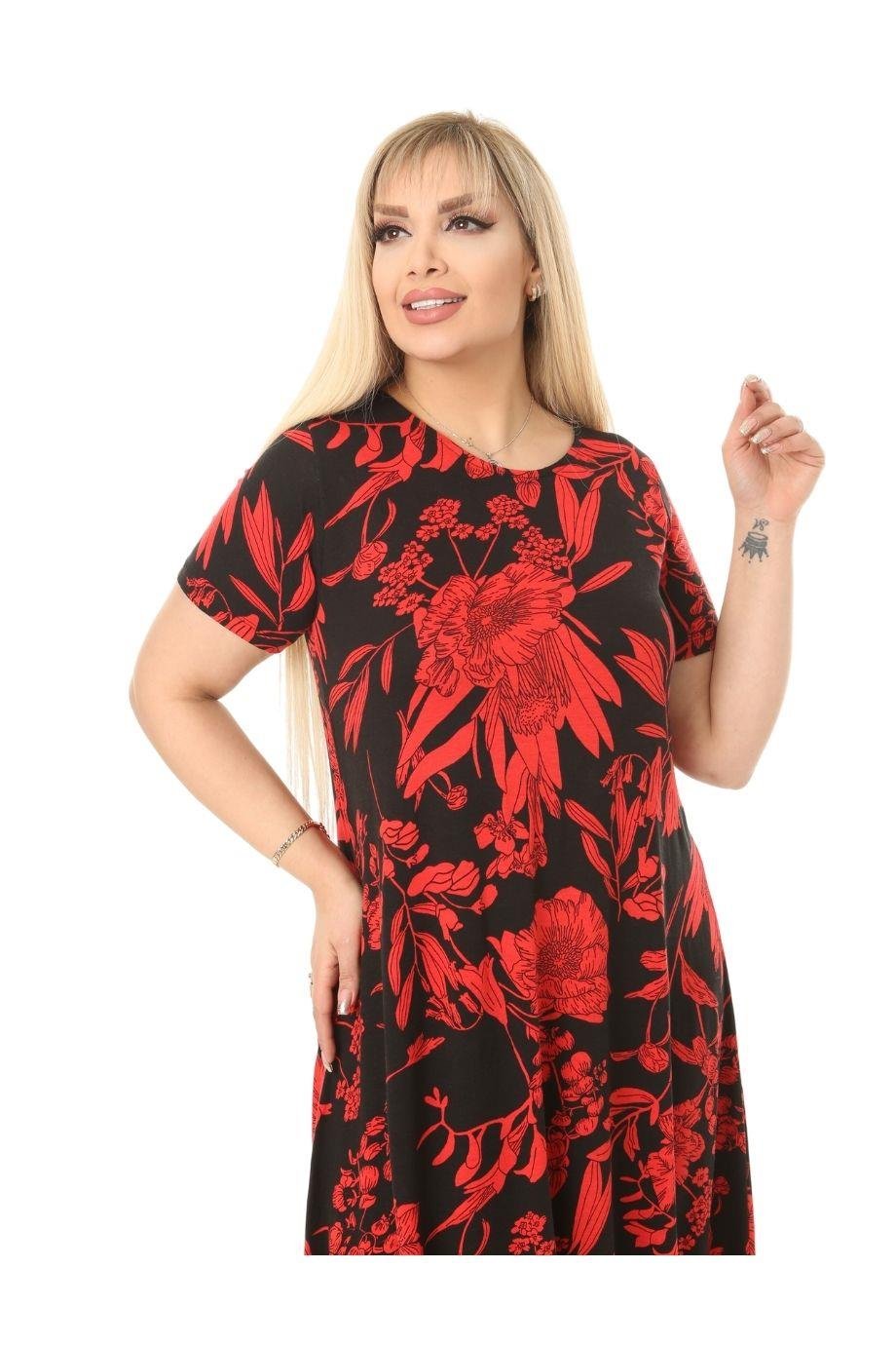 Melsay Butik Kırmızı Palmiye Desen Asimetrik Kısa Kollu Uzun Elbise
