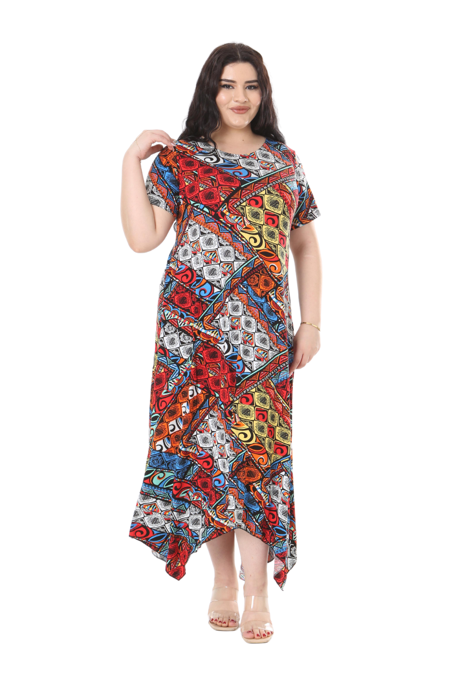 Melsay Butik Mavi Patchwork Desen Asimetrik Kısa Kollu Elbise