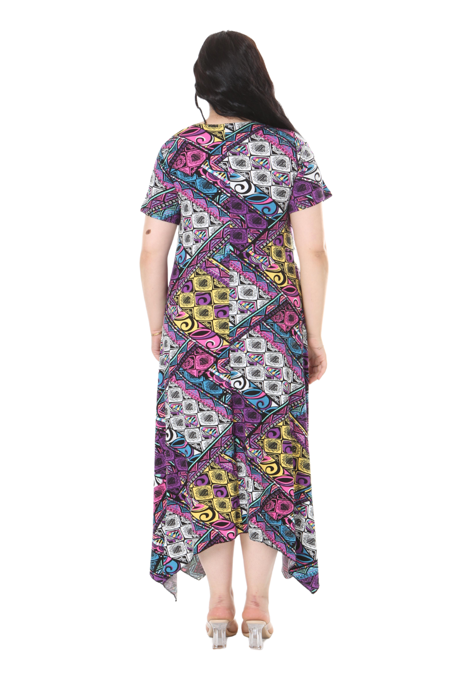 Melsay Butik Mor Patchwork Desen Asimetrik Kısa Kollu Elbise