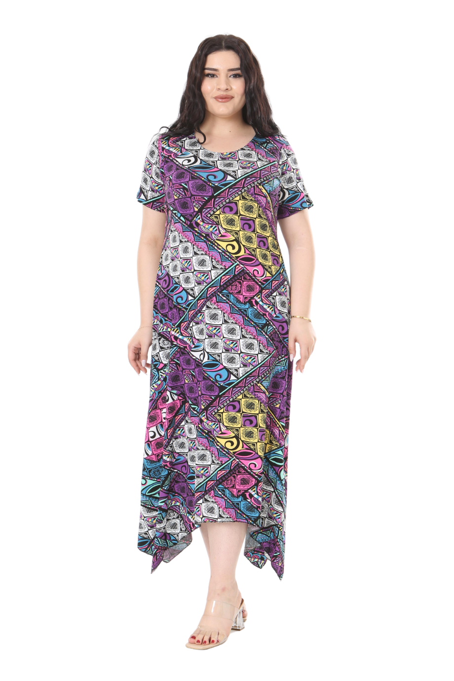 Melsay Butik Mor Patchwork Desen Asimetrik Kısa Kollu Elbise