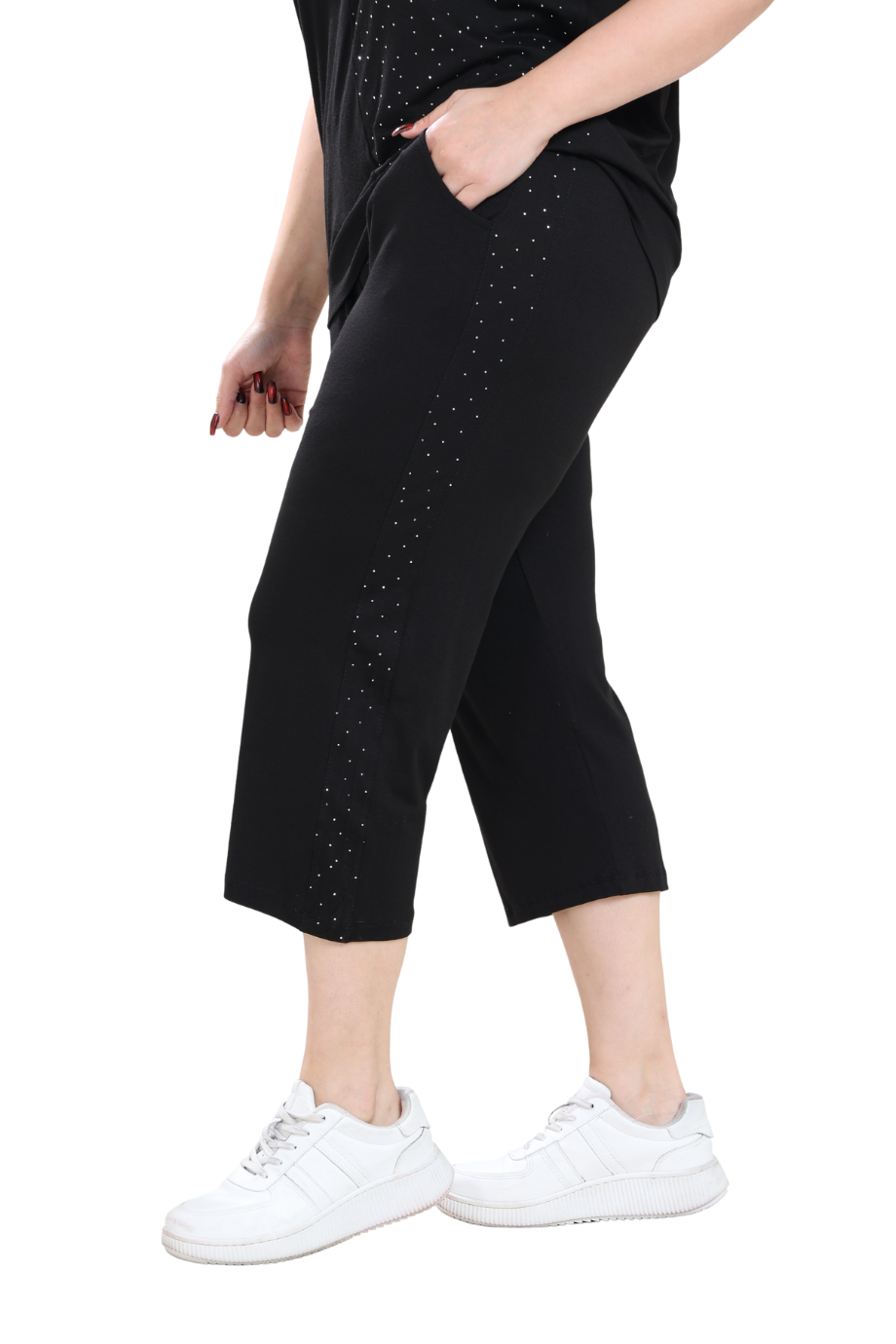 Melsay Butik Siyah Kısa Kol Yarım Taş Baskılı Viskon Kapri Takım