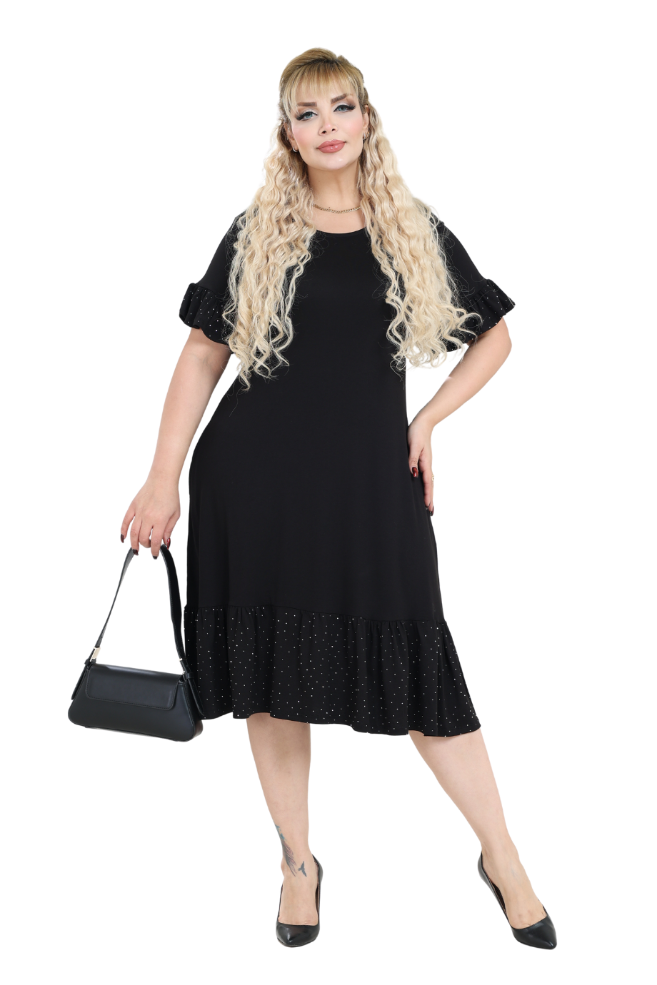 Melsay Butik Siyah Kolları Taş Baskılı Fırfırlı Kısa Kollu Kadın Midi Elbise