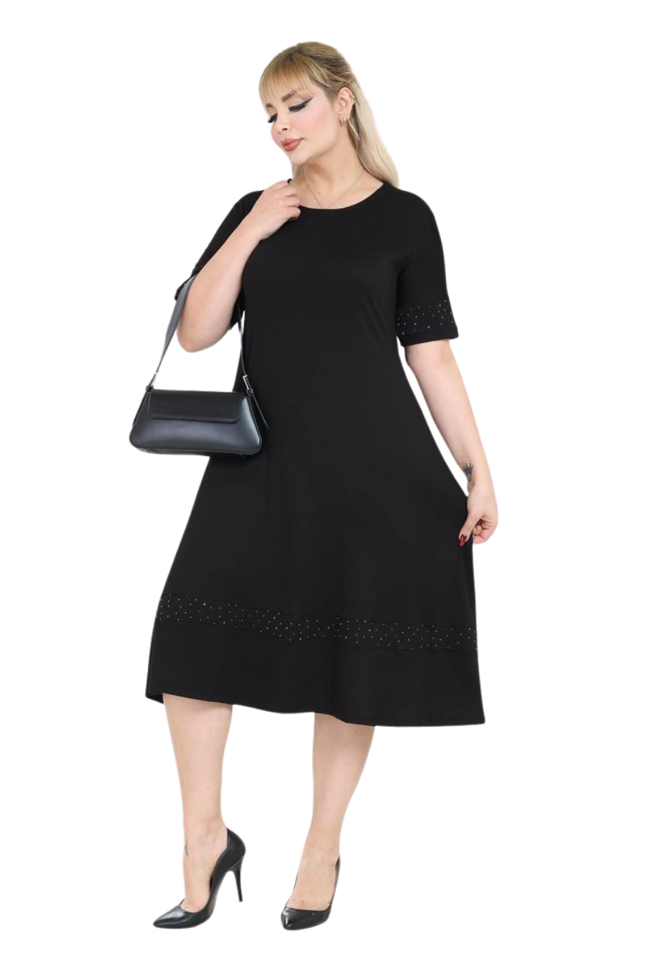 Melsay Butik Siyah Taş Baskılı Şerit Kısa Kollu Midi Elbise