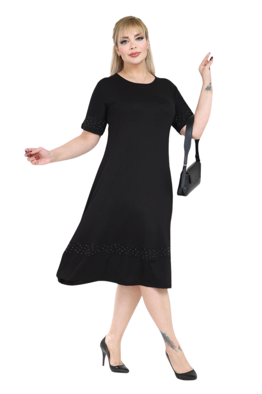 Melsay Butik Siyah Taş Baskılı Şerit Kısa Kollu Midi Elbise
