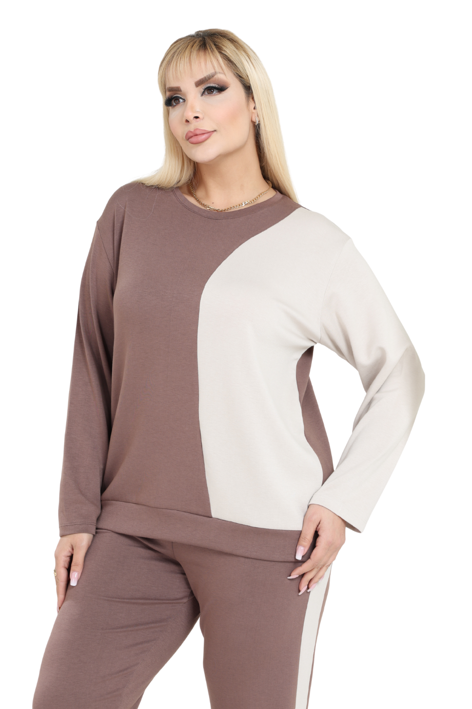 Melsay Butik Taba Ekru Renk Bloklu Modal Kadın Eşofman Takımı