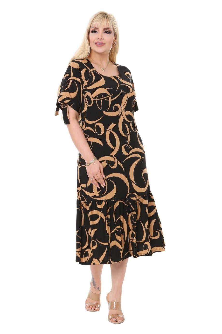 Melsay Butik Vizon Dalgalı Desen Bağlamalı Kısa Kollu Kadın Midi Elbise