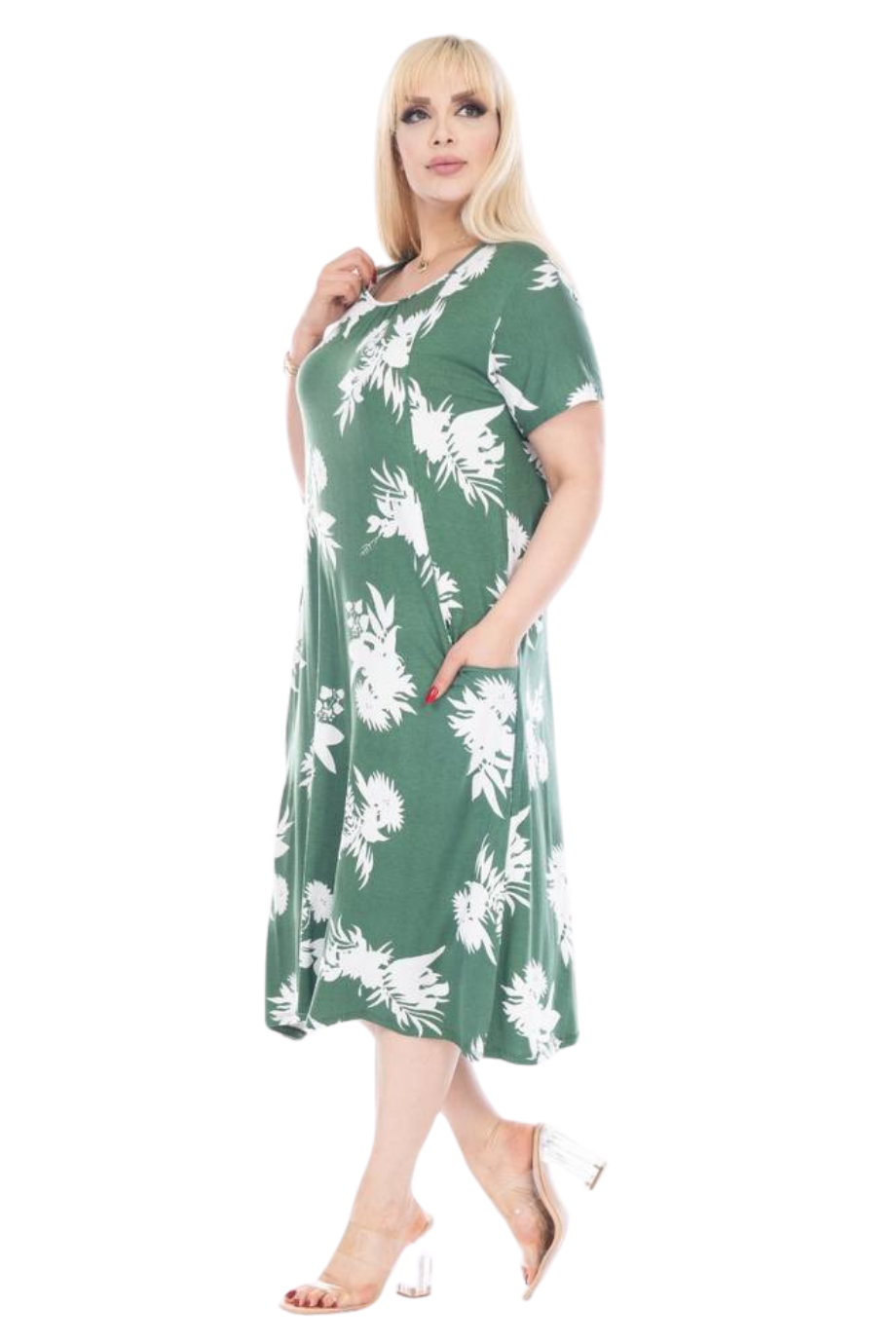 Melsay Butik Yeşil Beyaz Yaprak Desen Kuplu Cepli Kısa Kol Kadın Midi Elbise