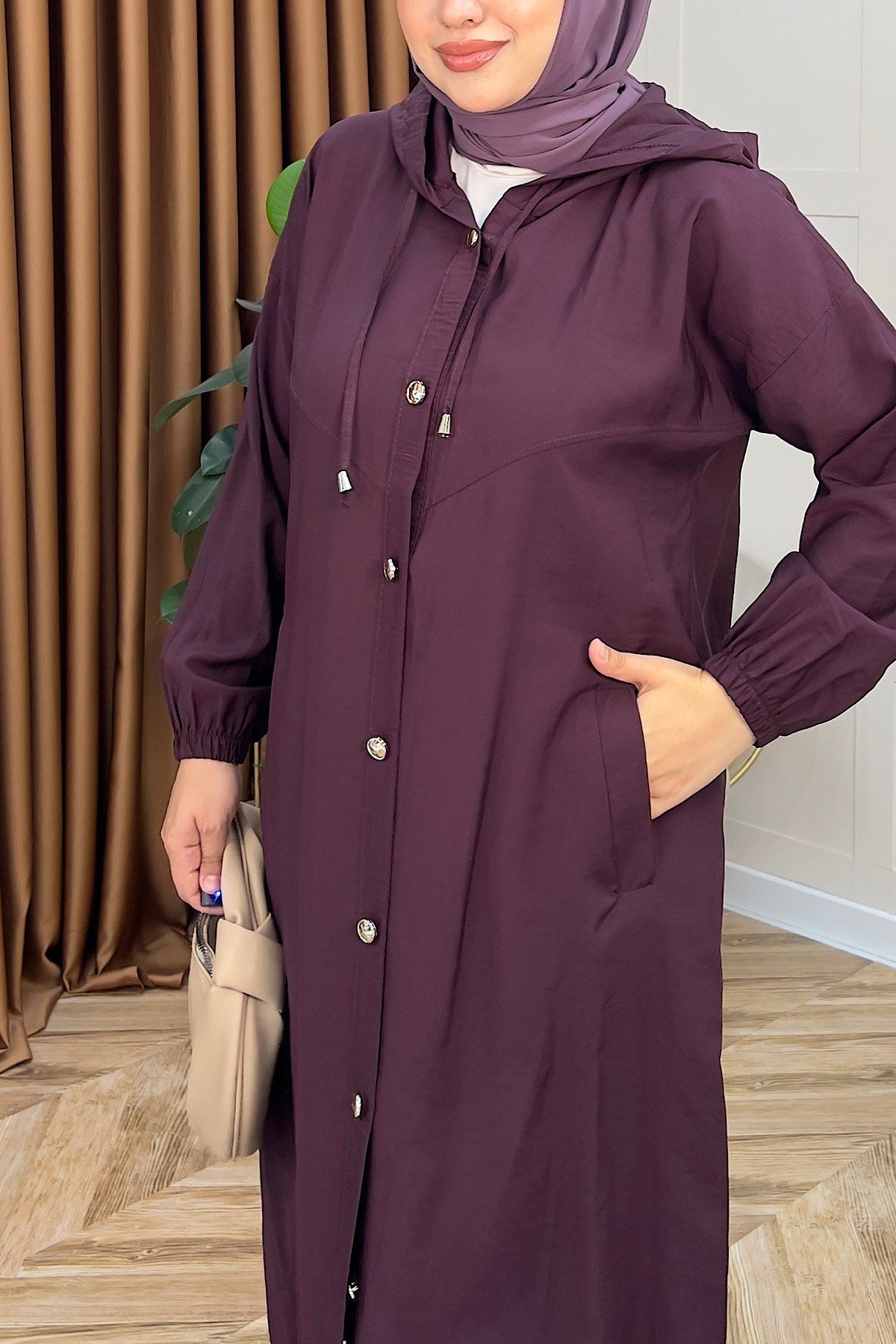 004-Liana Düğmeli Kap Mürdüm