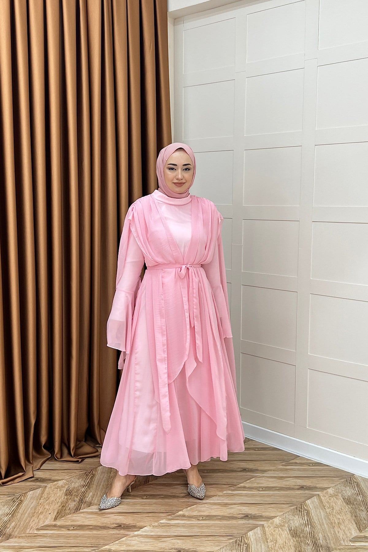 Aliza Büzgülü Şifon Elbise Pembe