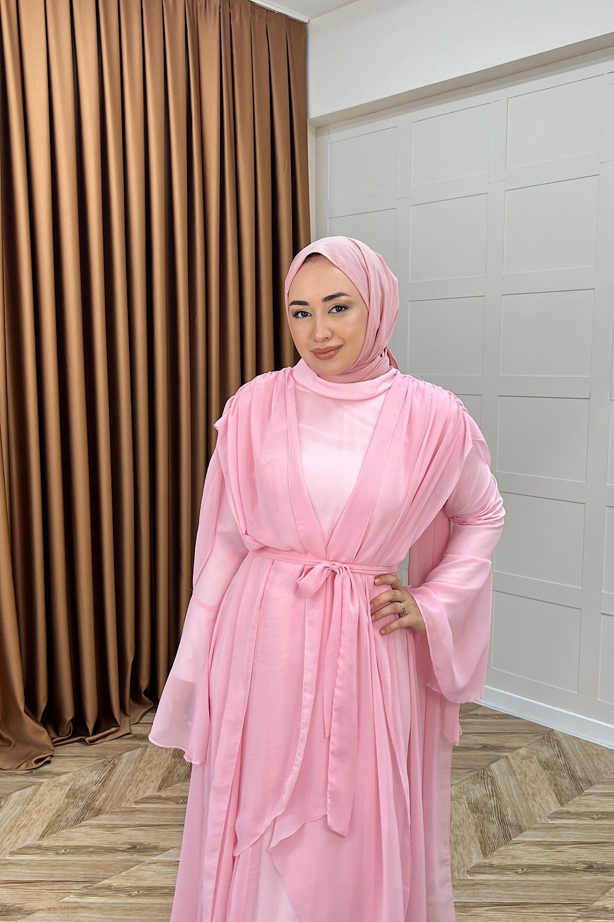 Aliza Büzgülü Şifon Elbise Pembe
