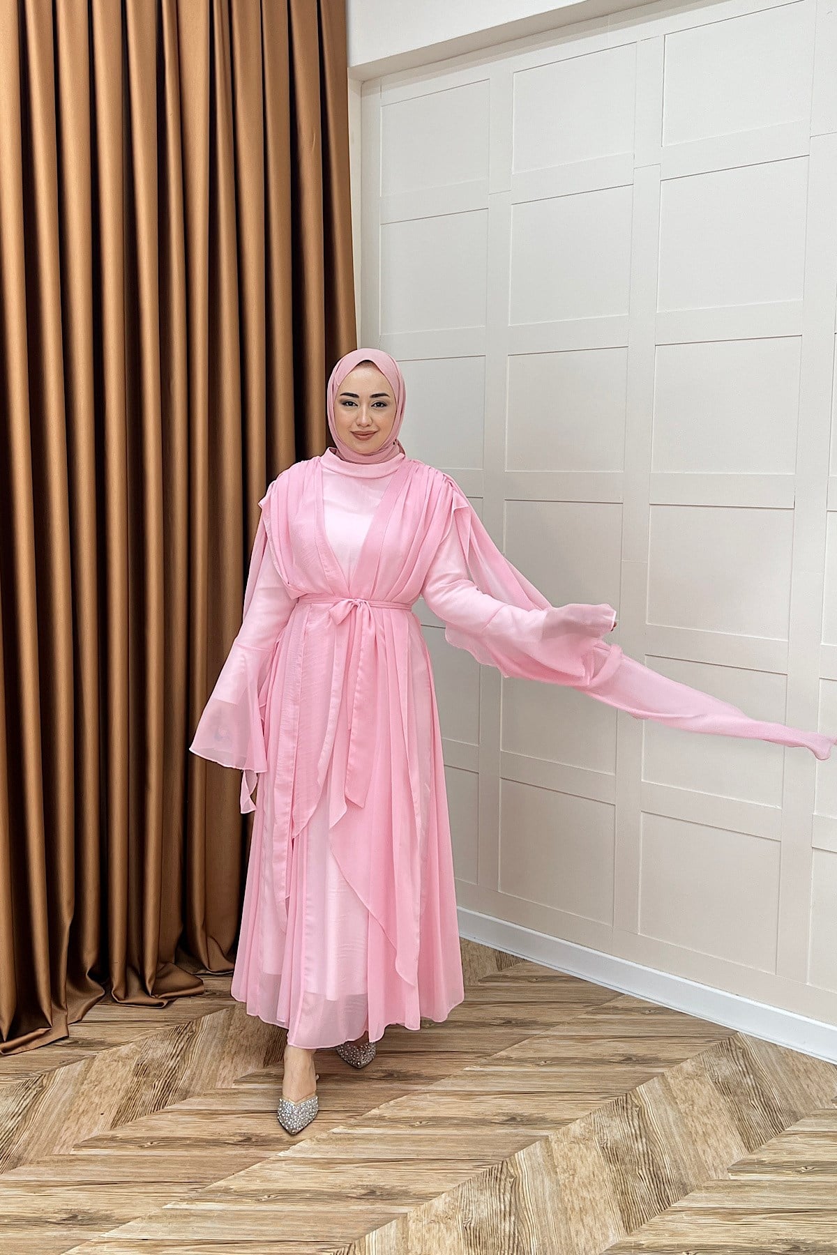 Aliza Büzgülü Şifon Elbise Pembe