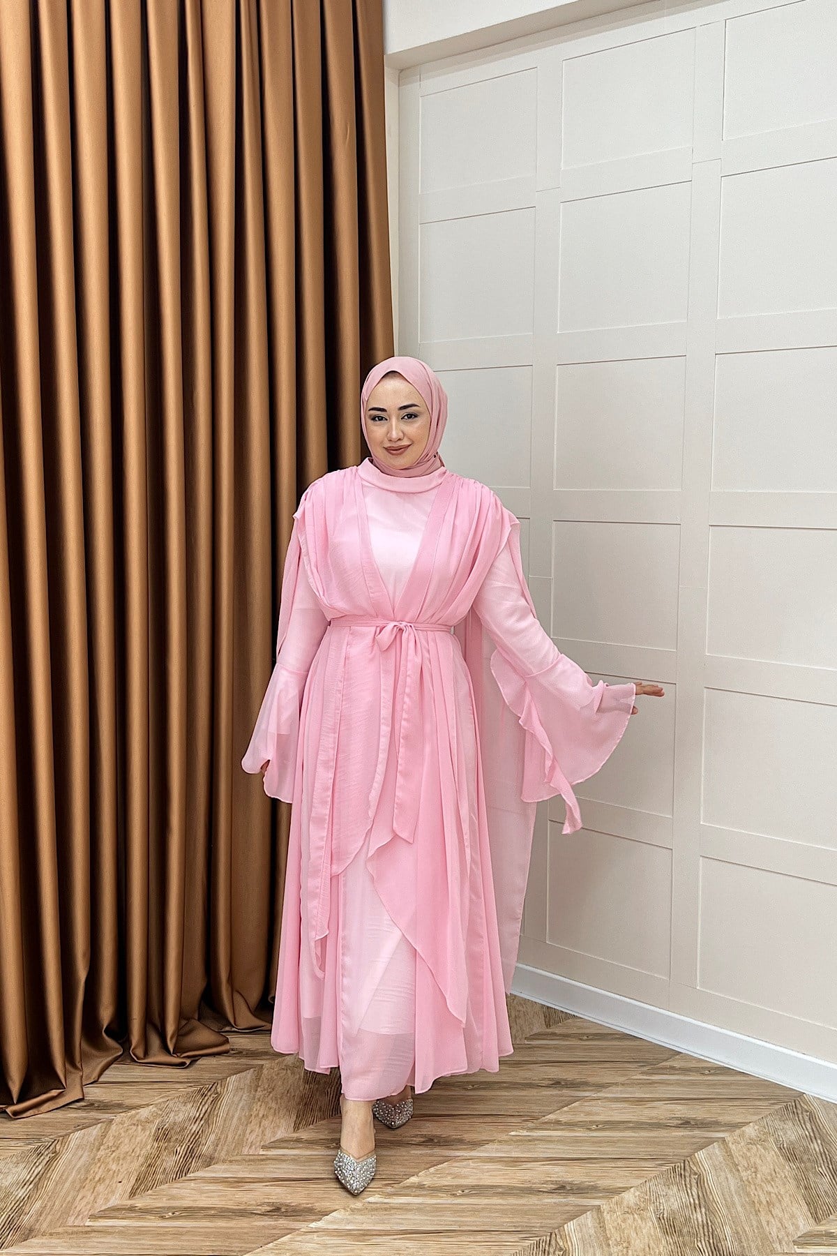 Aliza Büzgülü Şifon Elbise Pembe