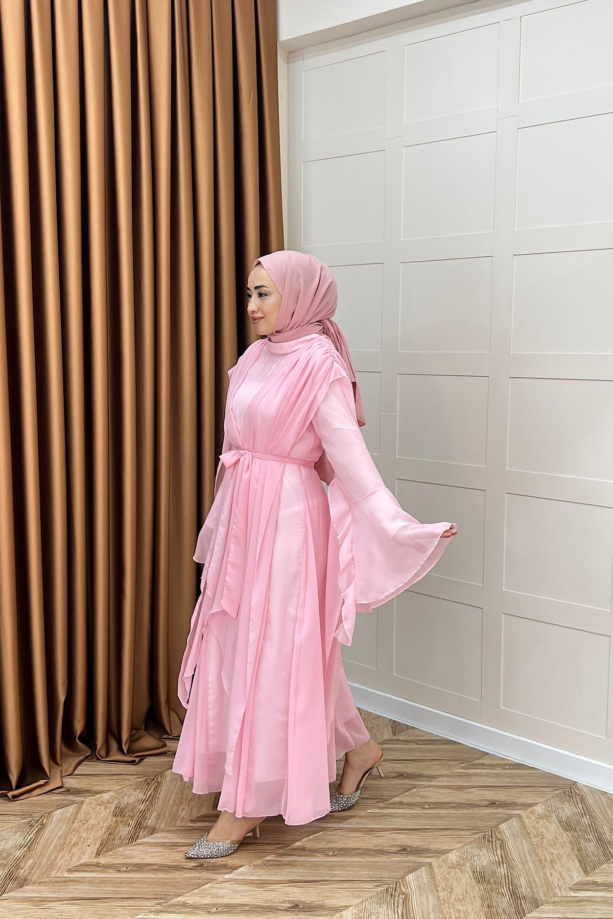 Aliza Büzgülü Şifon Elbise Pembe