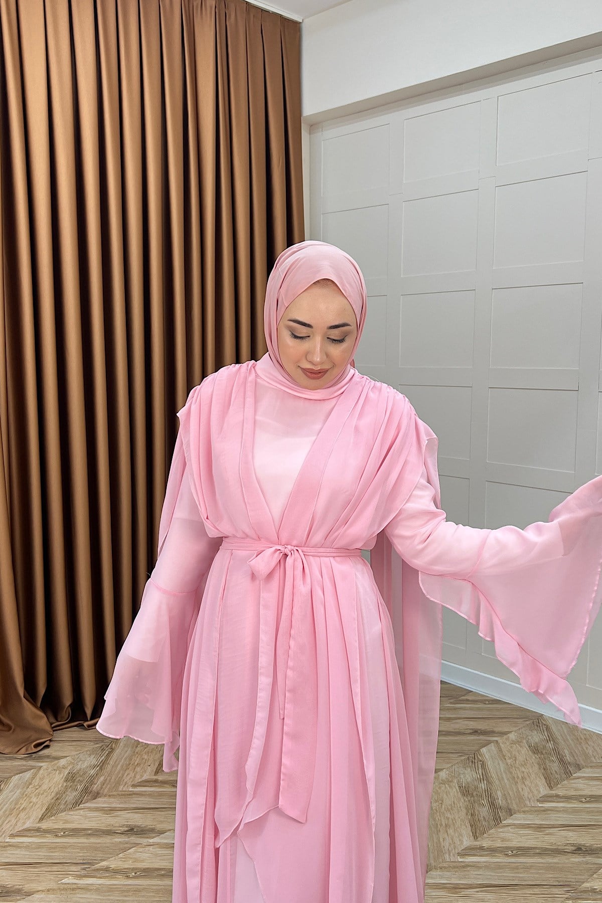 Aliza Büzgülü Şifon Elbise Pembe