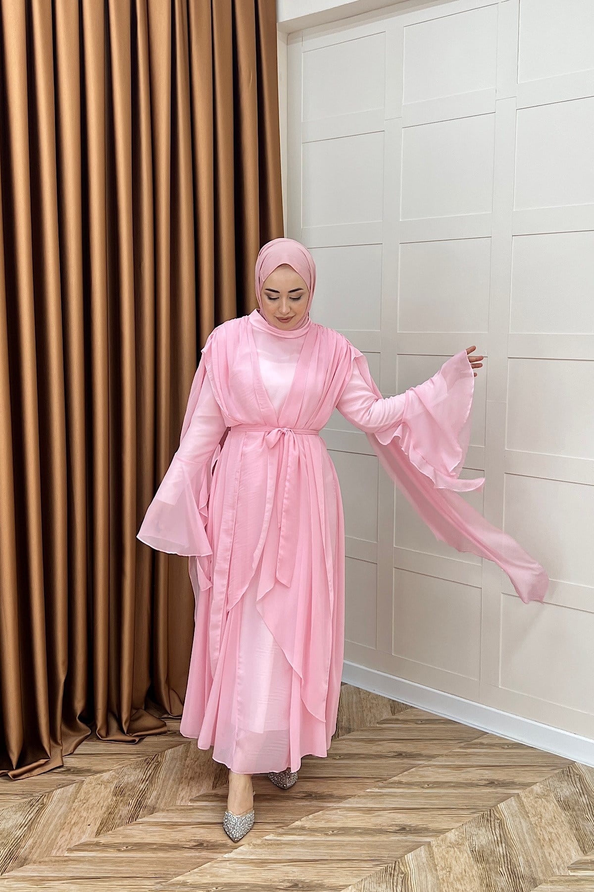 Aliza Büzgülü Şifon Elbise Pembe