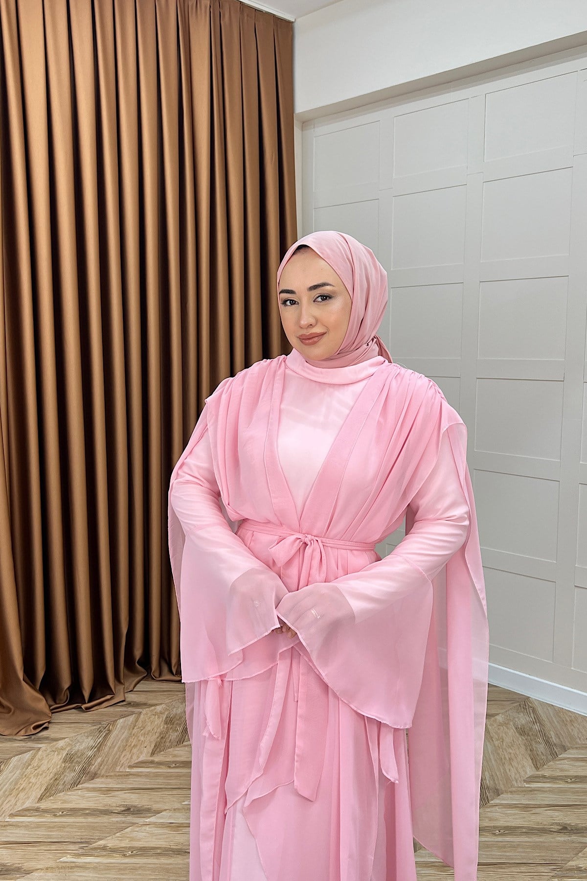 Aliza Büzgülü Şifon Elbise Pembe