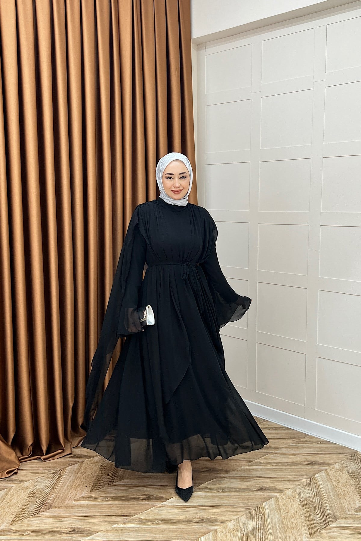 Aliza Büzgülü Şifon Elbise Siyah