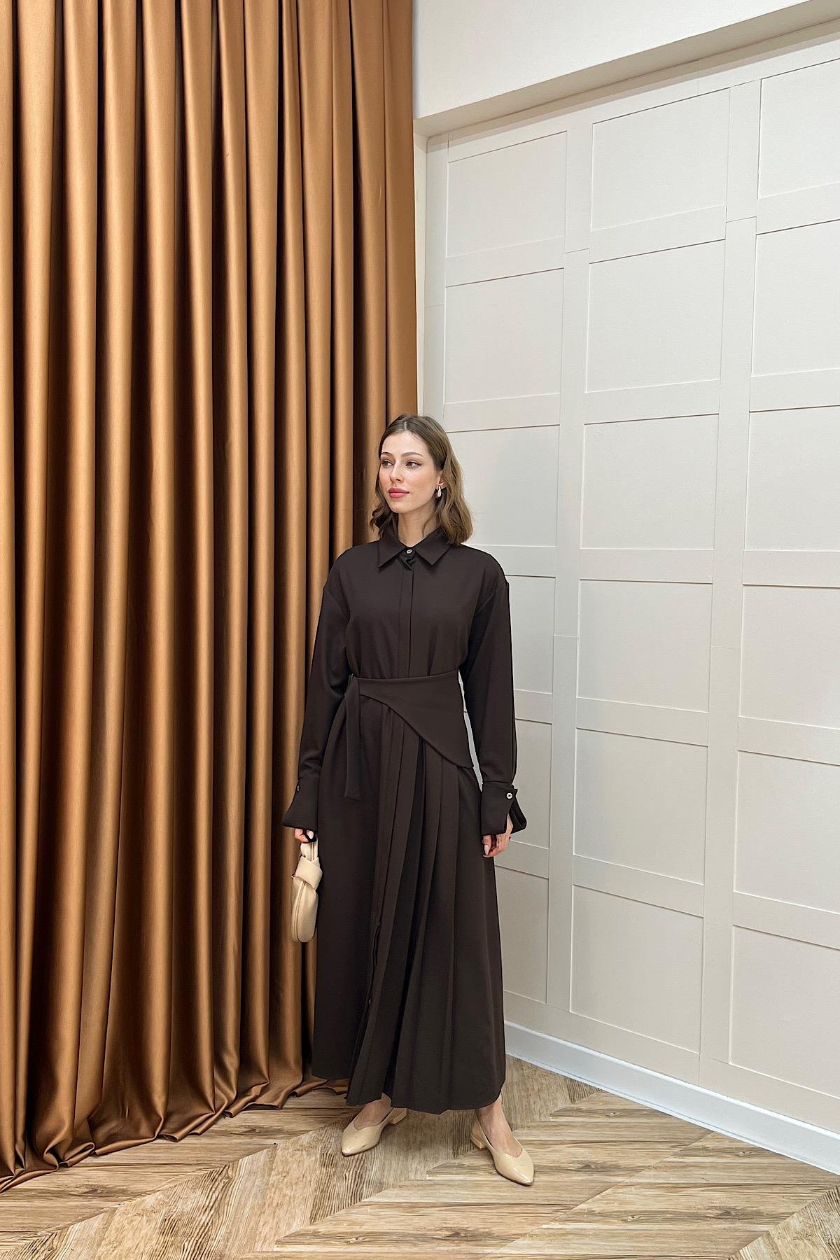 Aliza Pile Detay Elbise Kahverengi