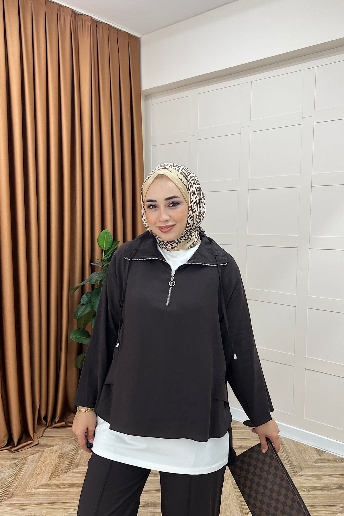 Almira Yarım Fermuar İkili Takım Kahverengi