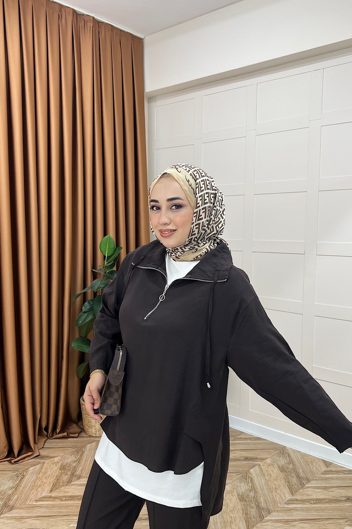 Almira Yarım Fermuar İkili Takım Kahverengi
