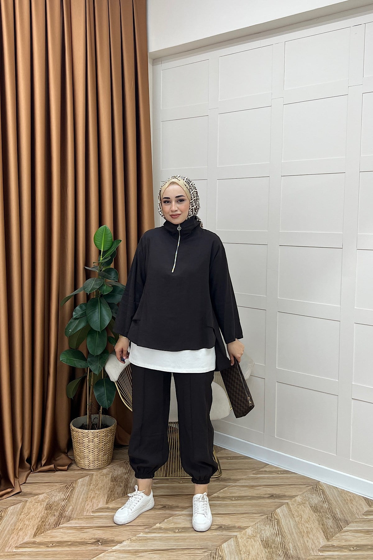 Almira Yarım Fermuar İkili Takım Kahverengi