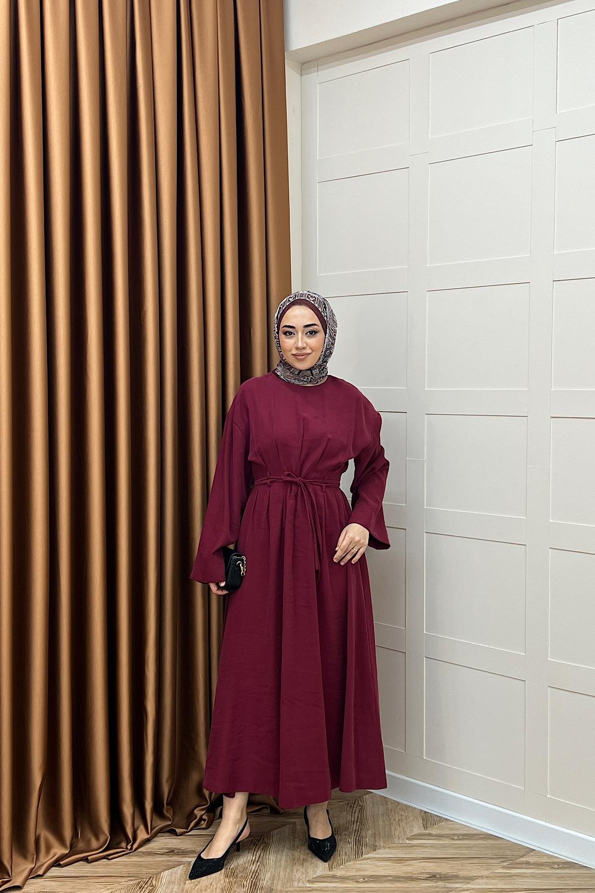 Alya Belden Bağlamalı Elbise Bordo