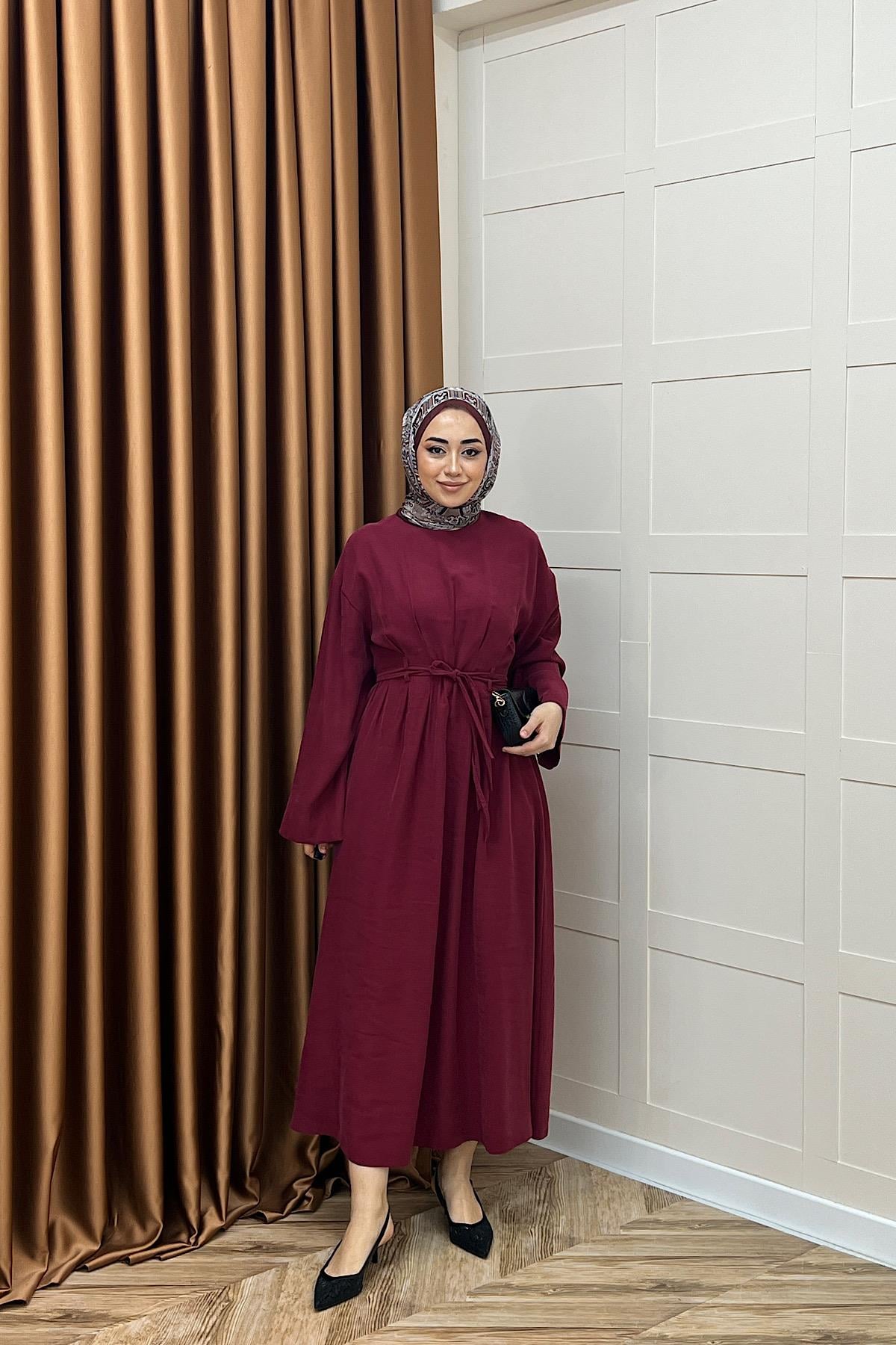 Alya Belden Bağlamalı Elbise Bordo