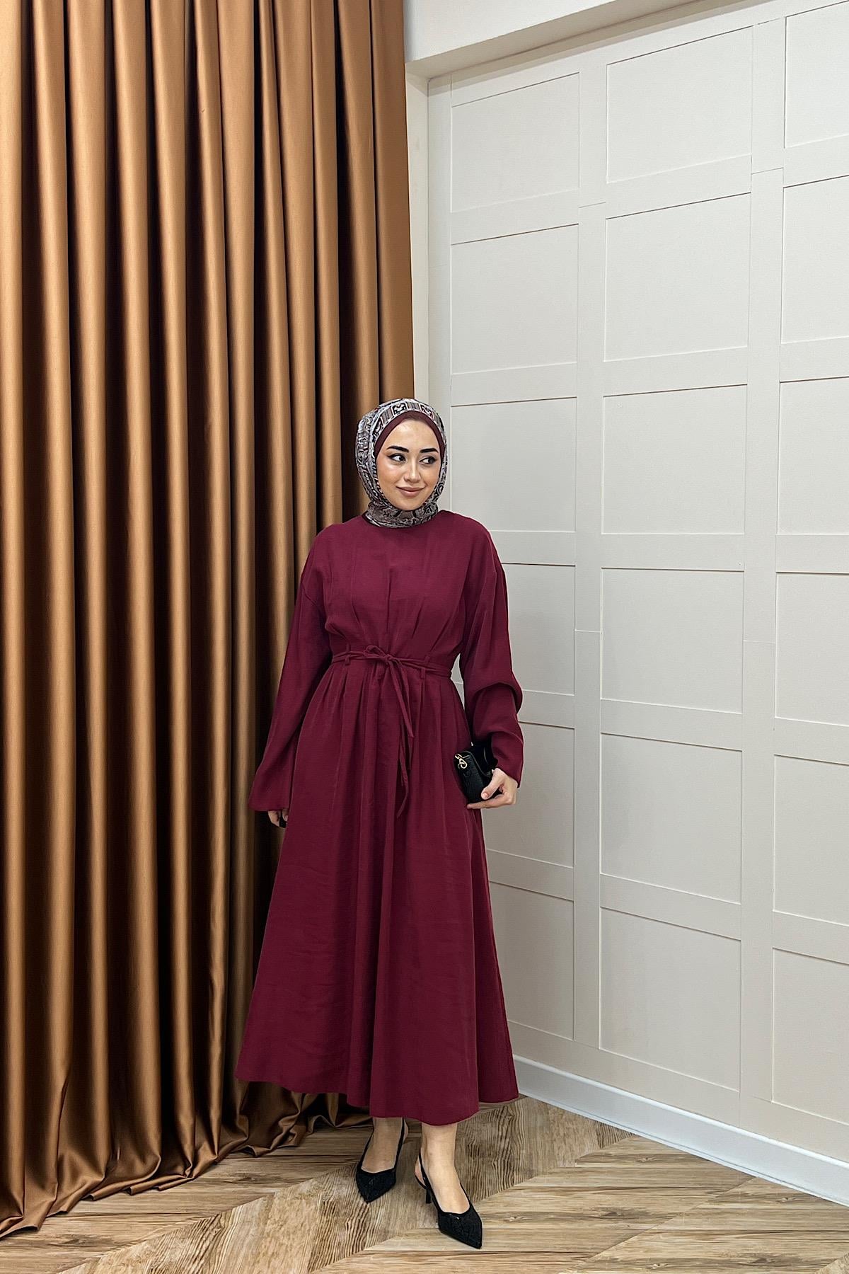 Alya Belden Bağlamalı Elbise Bordo