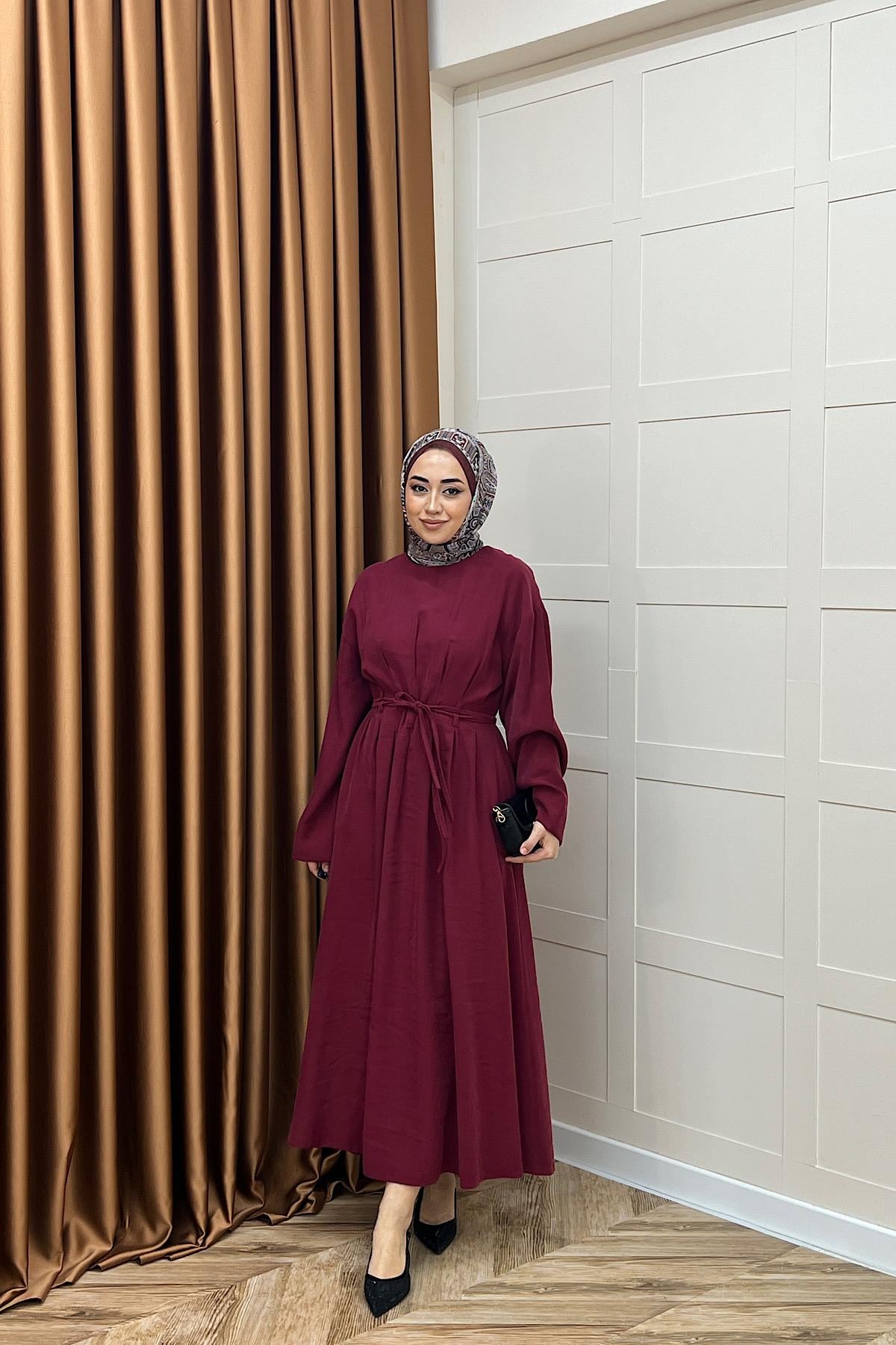 Alya Belden Bağlamalı Elbise Bordo