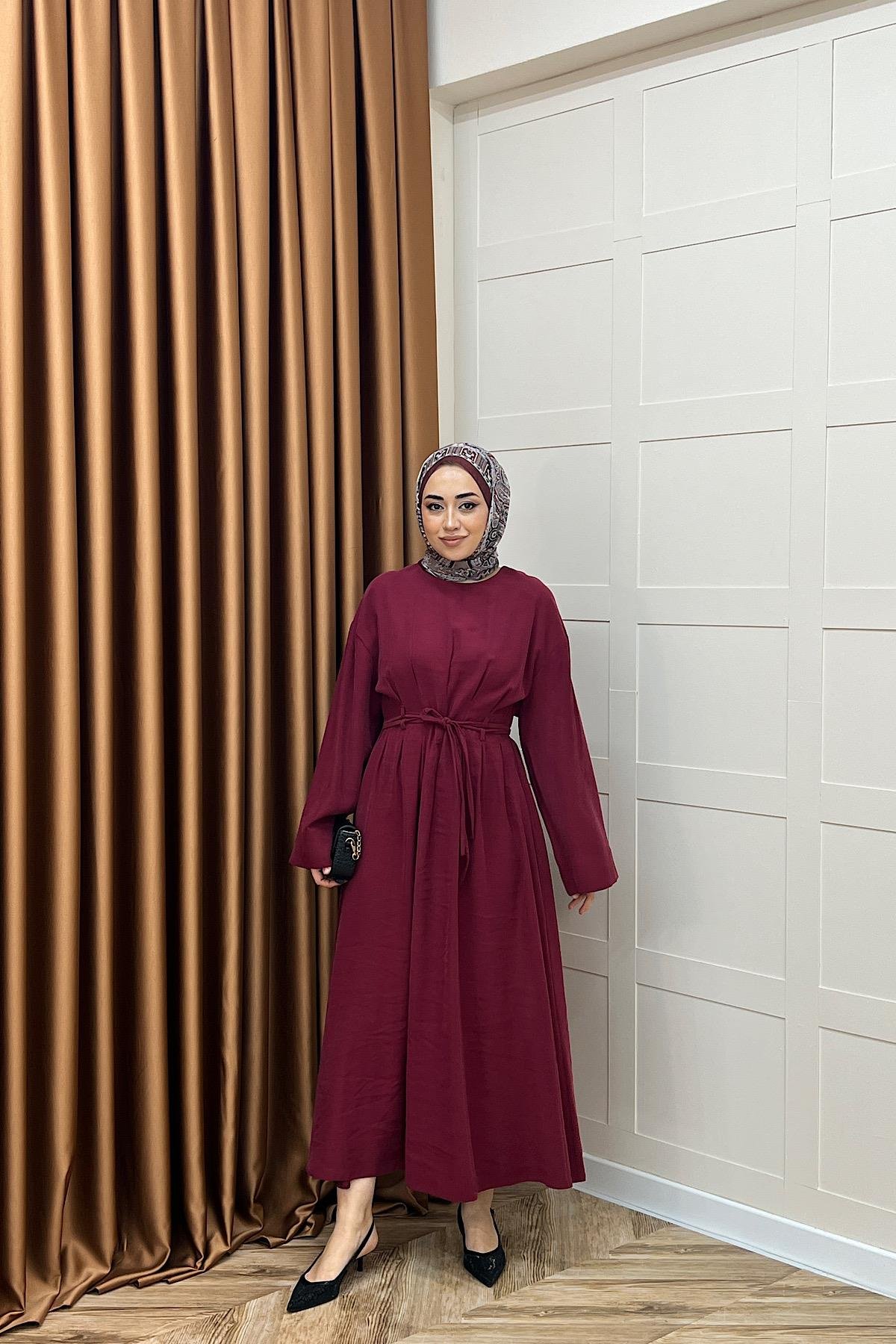 Alya Belden Bağlamalı Elbise Bordo