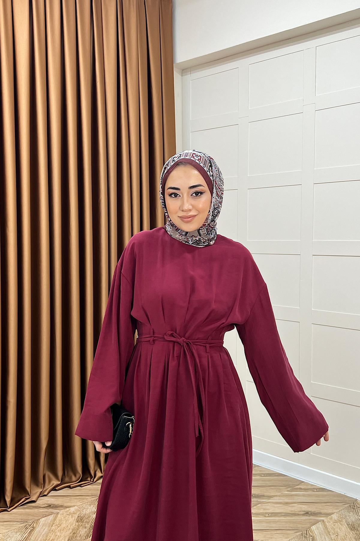 Alya Belden Bağlamalı Elbise Bordo