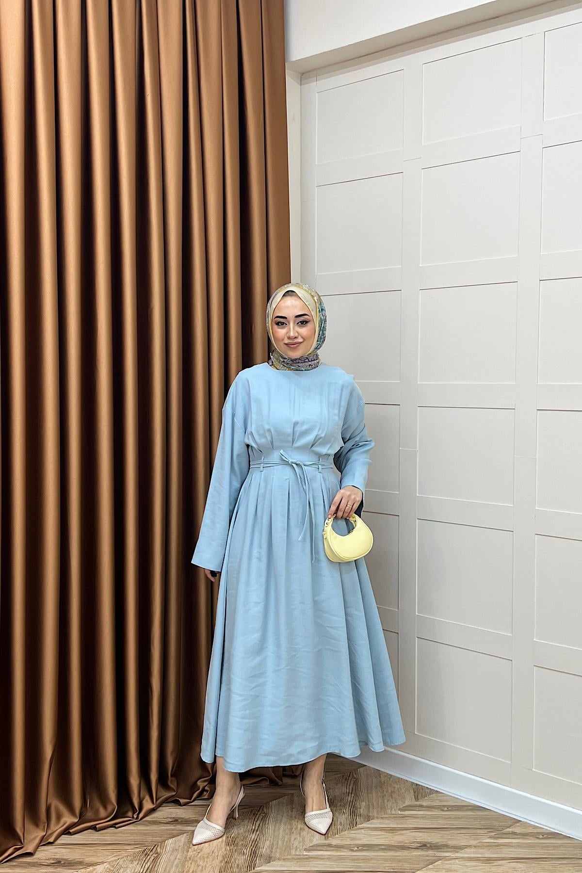 Alya Belden Bağlamalı Elbise Mavi