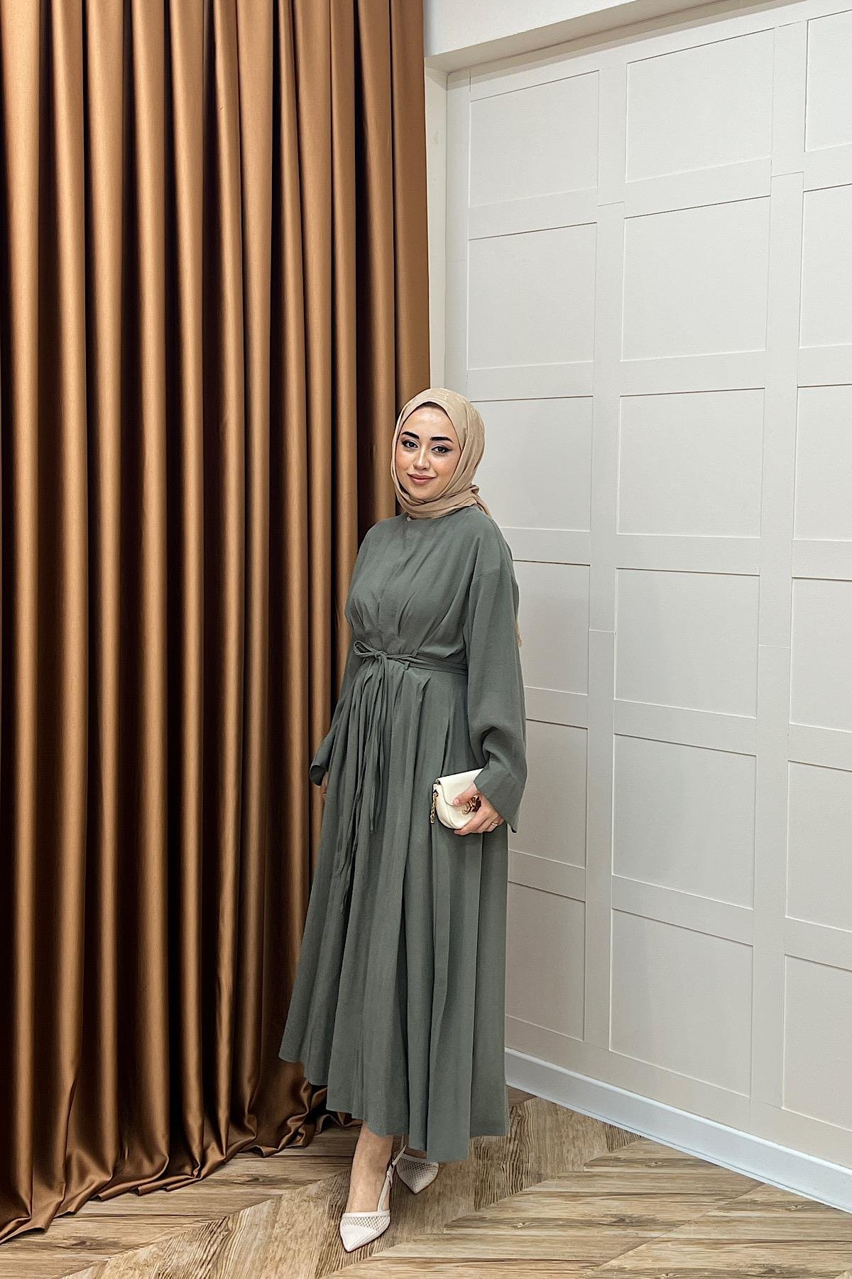 Alya Belden Bağlamalı Elbise Yeşil