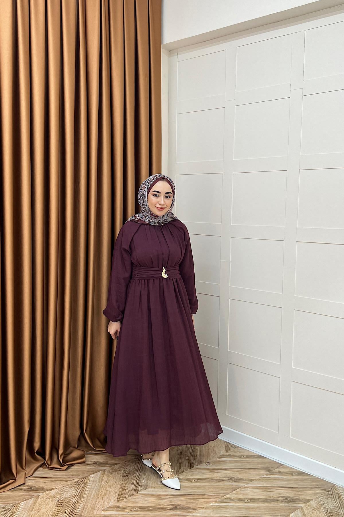Angelina Broş Detay Elbise Bordo