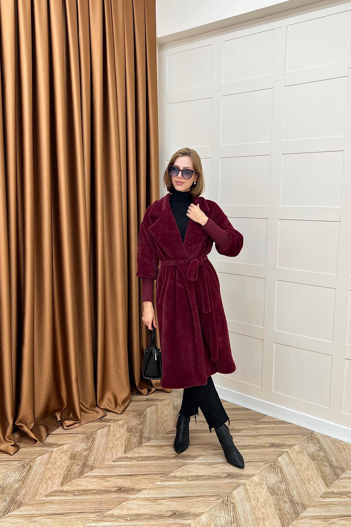Angora Premium Kumaş Kaban Bordo
