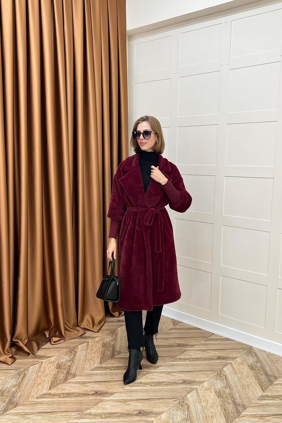 Angora Premium Kumaş Kaban Bordo