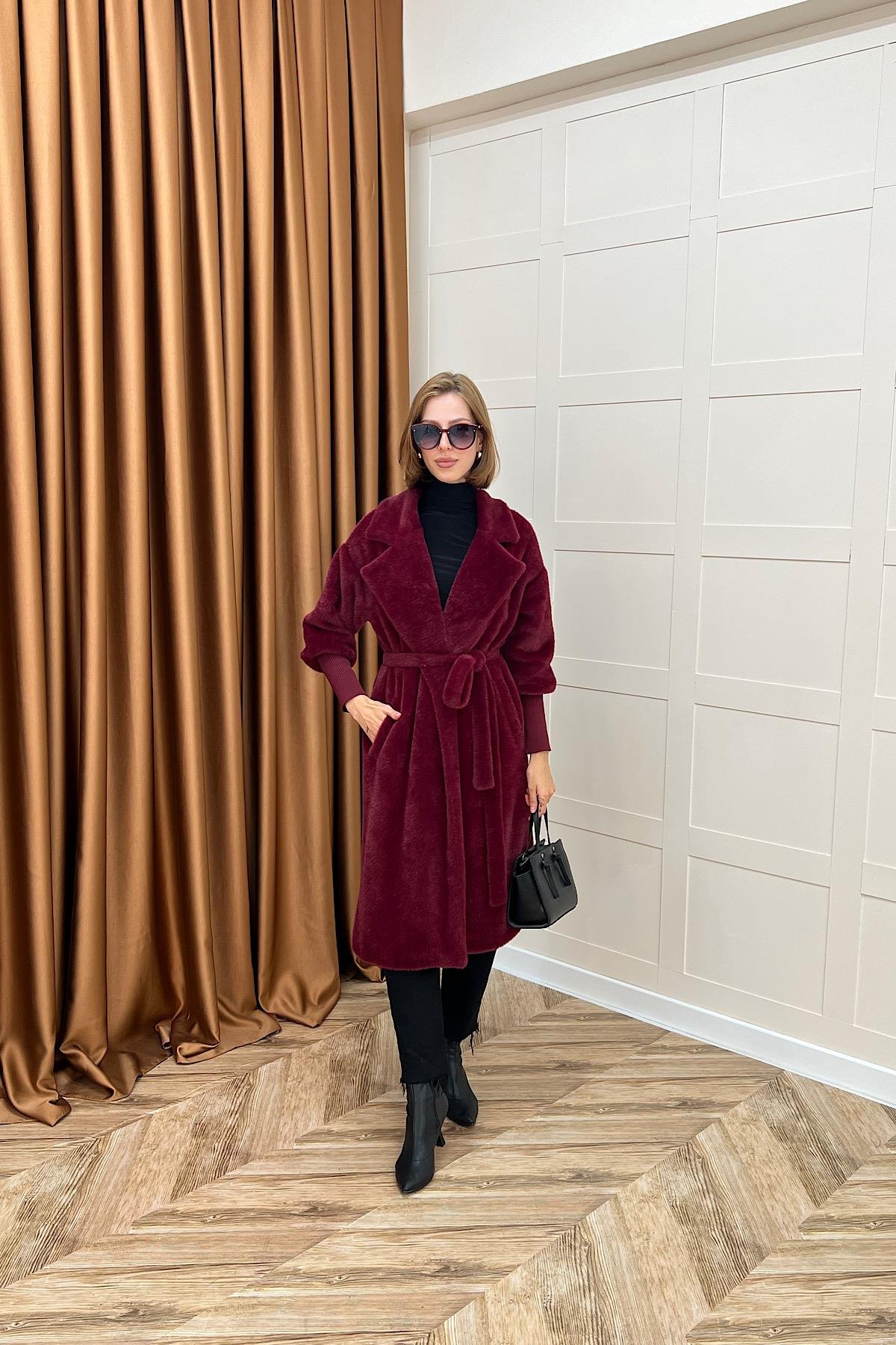 Angora Premium Kumaş Kaban Bordo