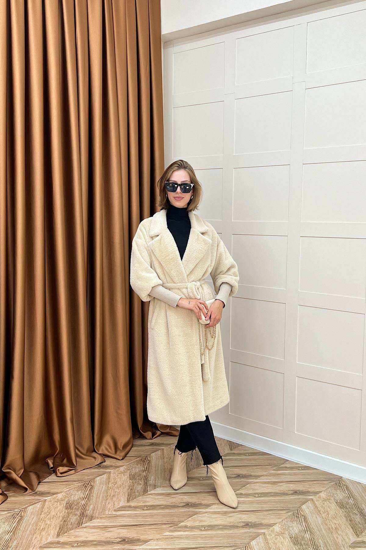 Angora Premium Kumaş Kaban Krem