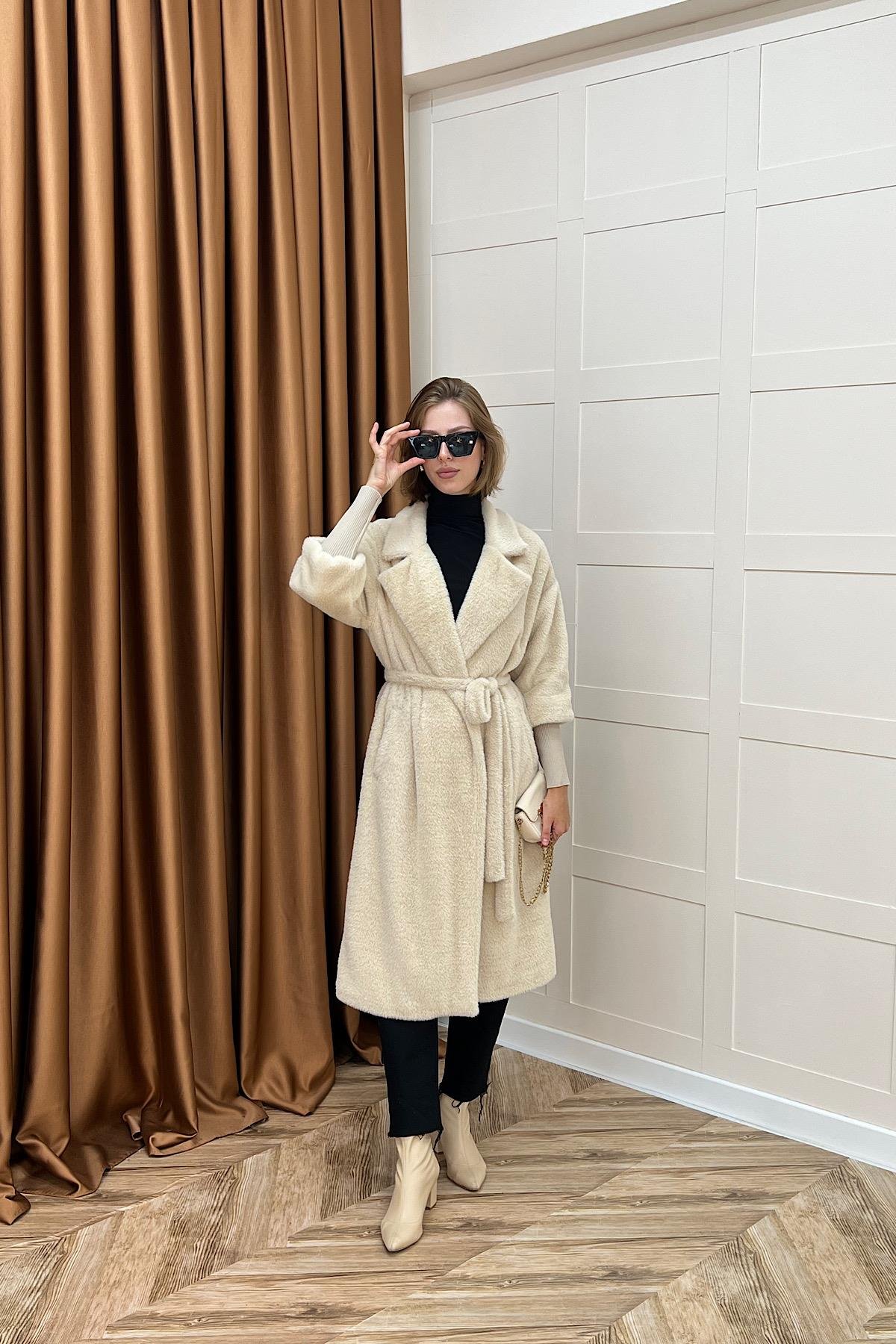 Angora Premium Kumaş Kaban Krem
