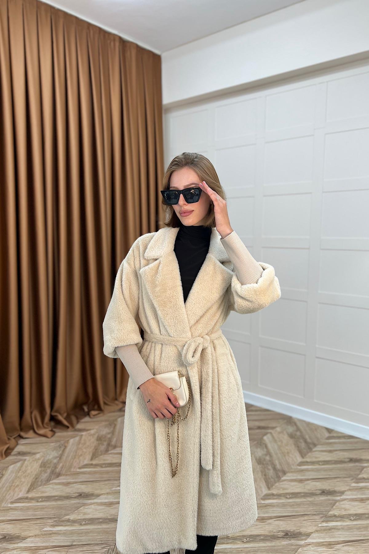 Angora Premium Kumaş Kaban Krem