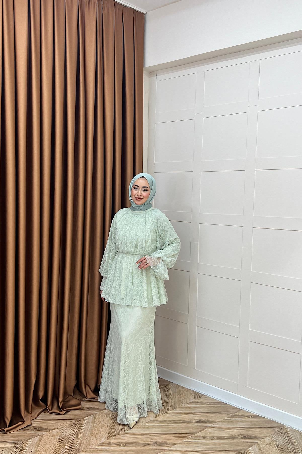 Arel Dantelli Etek Takım Mint