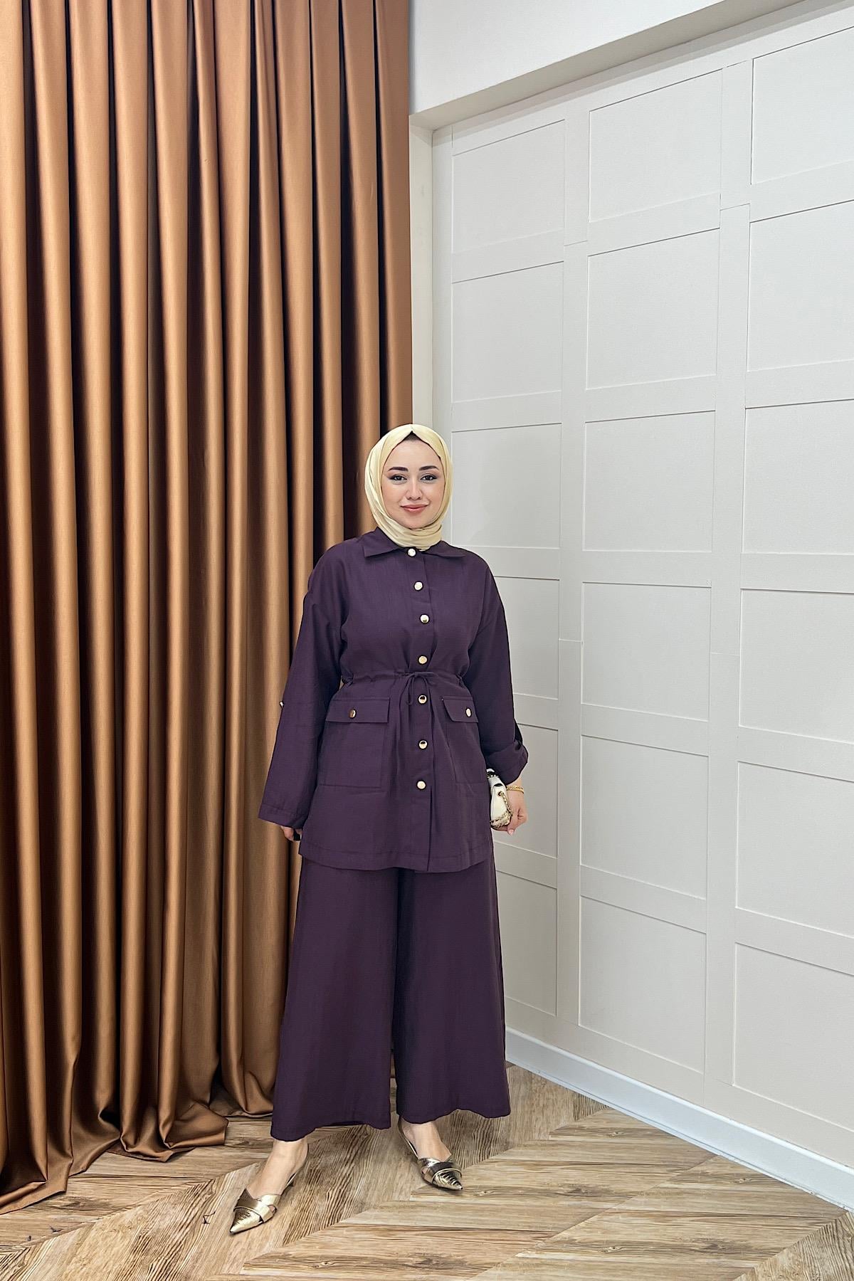 Aria Belden Bağlamalı İkili Takım Mürdüm