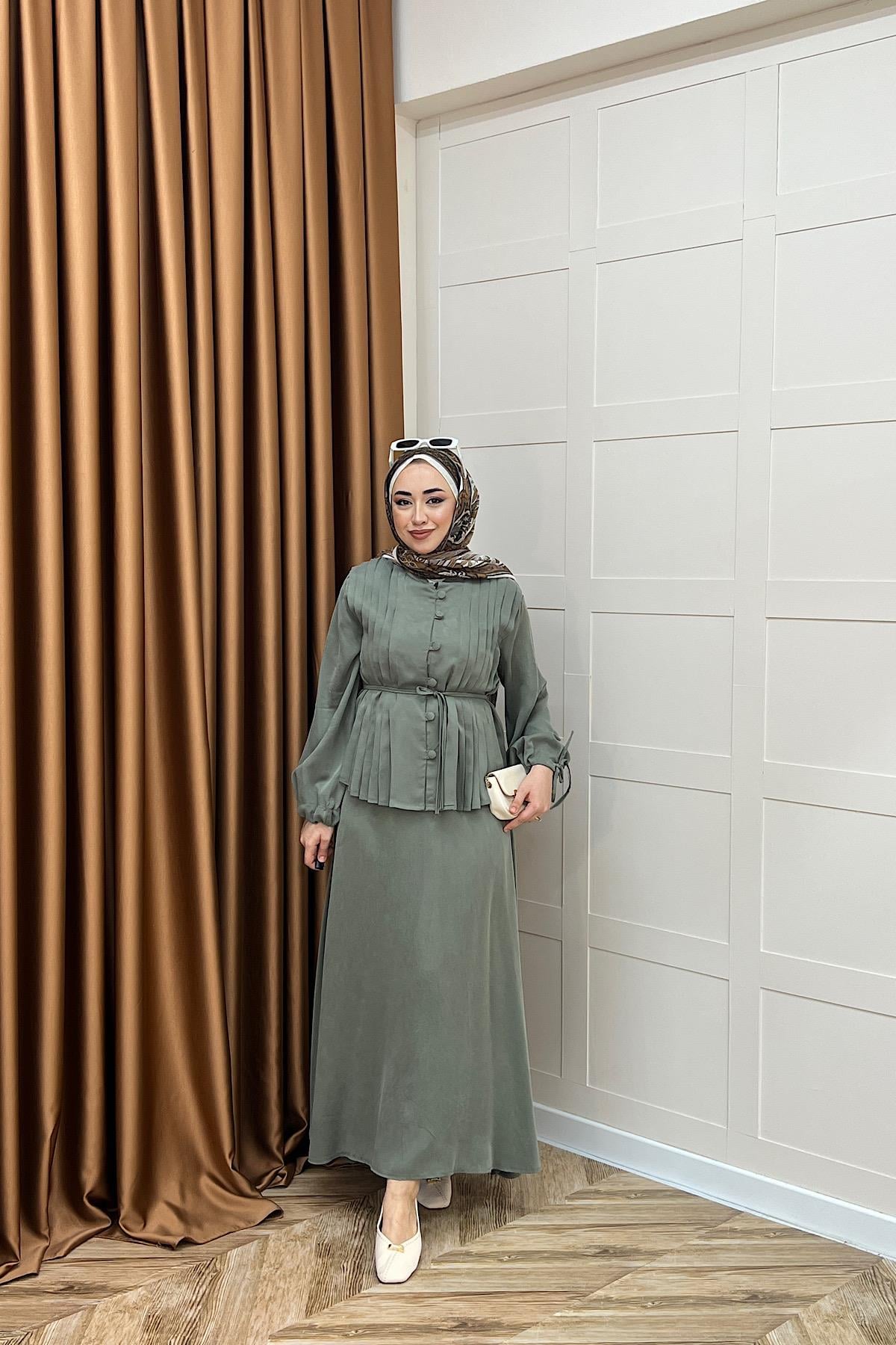 Arya Pileli Etek Takım Yeşil