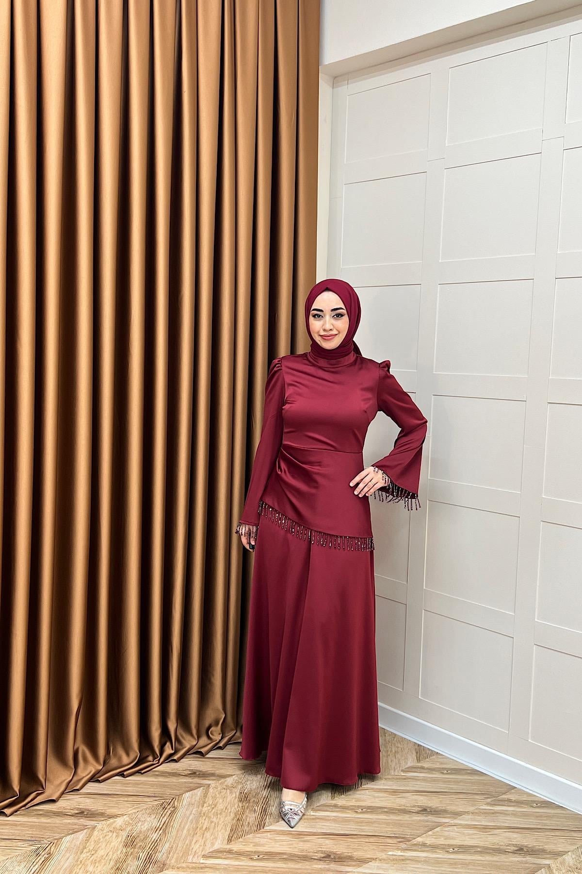 Ayla Saten Abiye Bordo