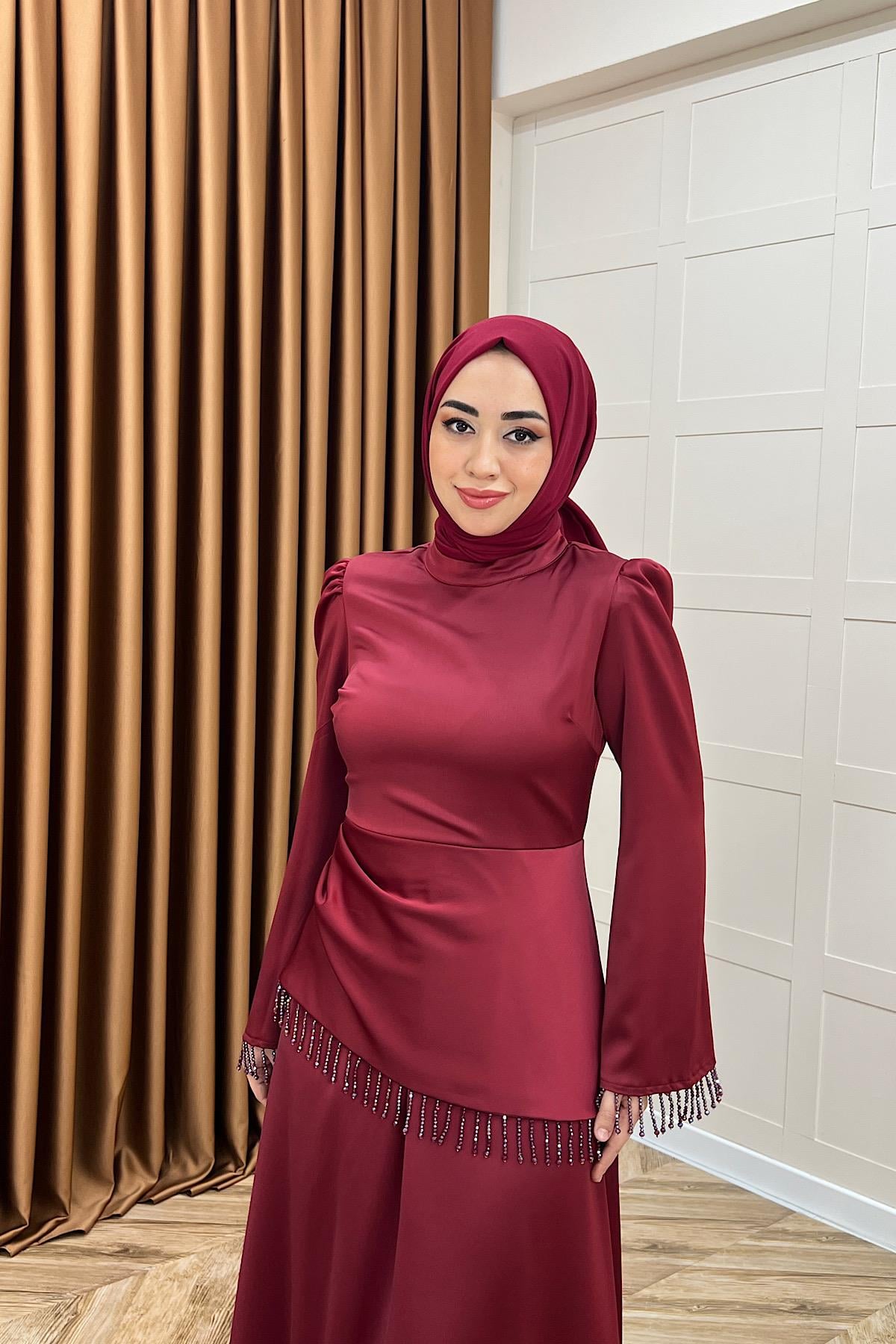 Ayla Saten Abiye Bordo