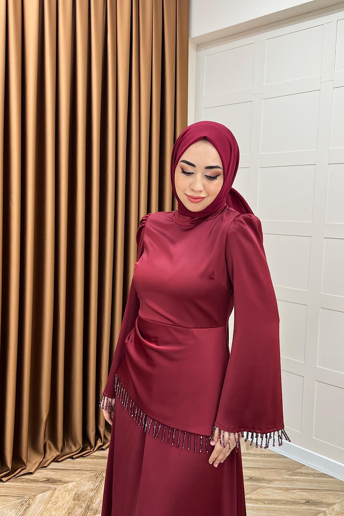 Ayla Saten Abiye Bordo