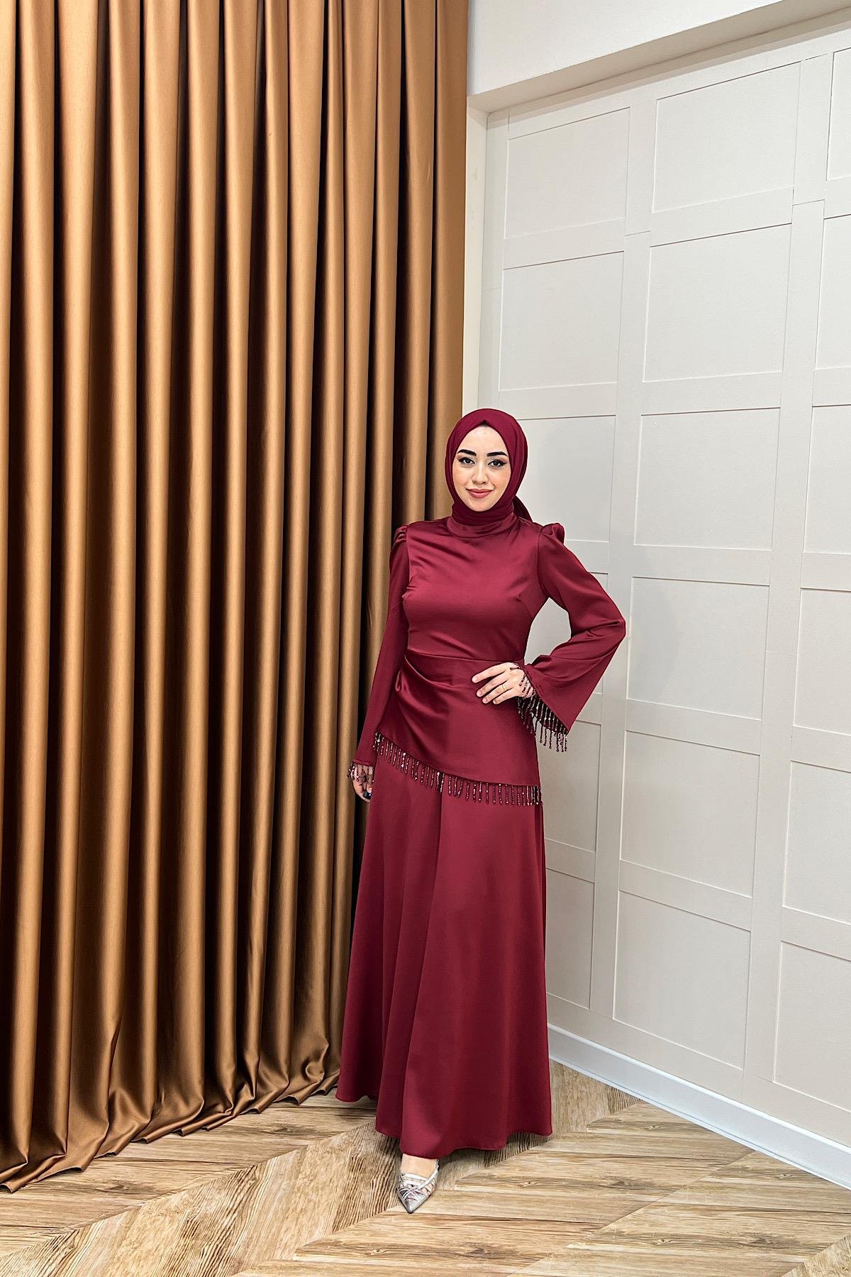 Ayla Saten Abiye Bordo