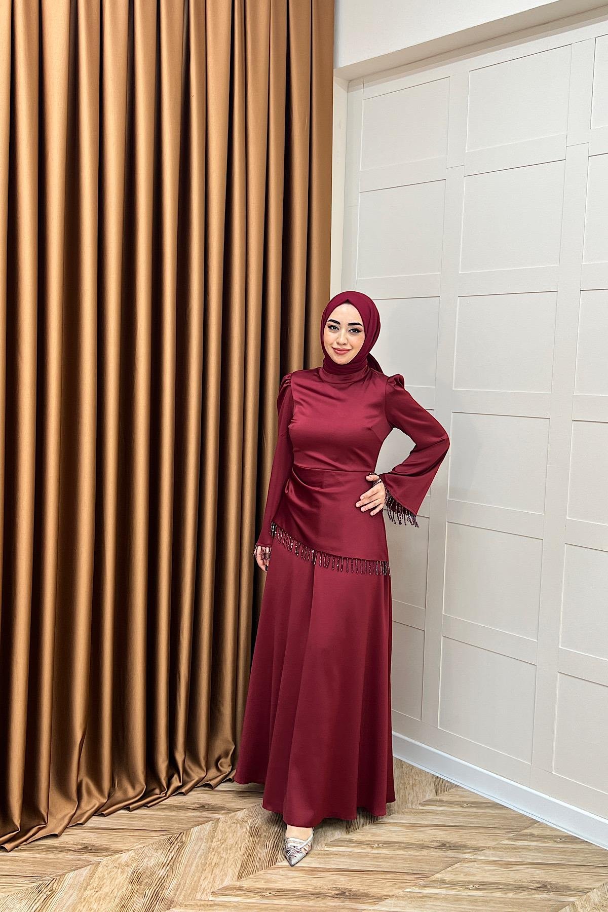 Ayla Saten Abiye Bordo