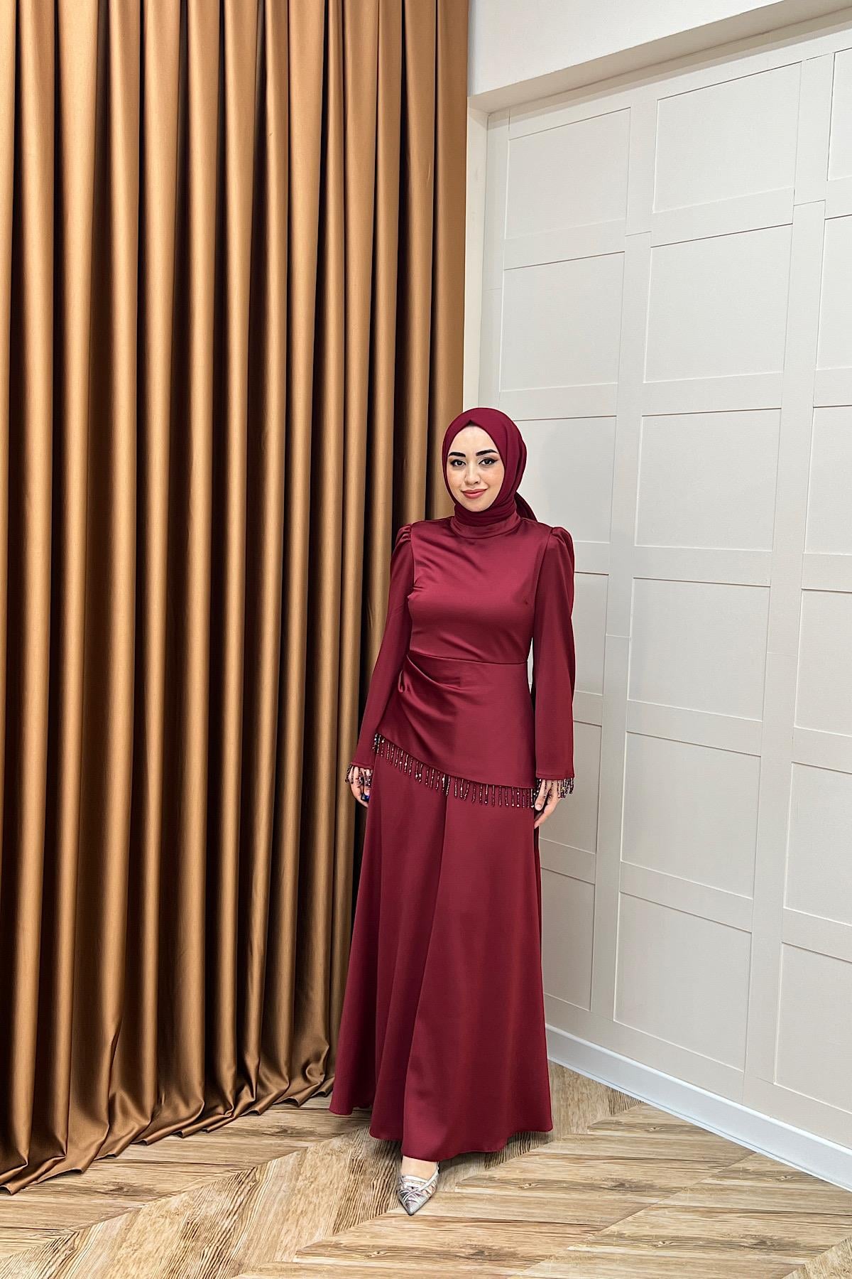 Ayla Saten Abiye Bordo